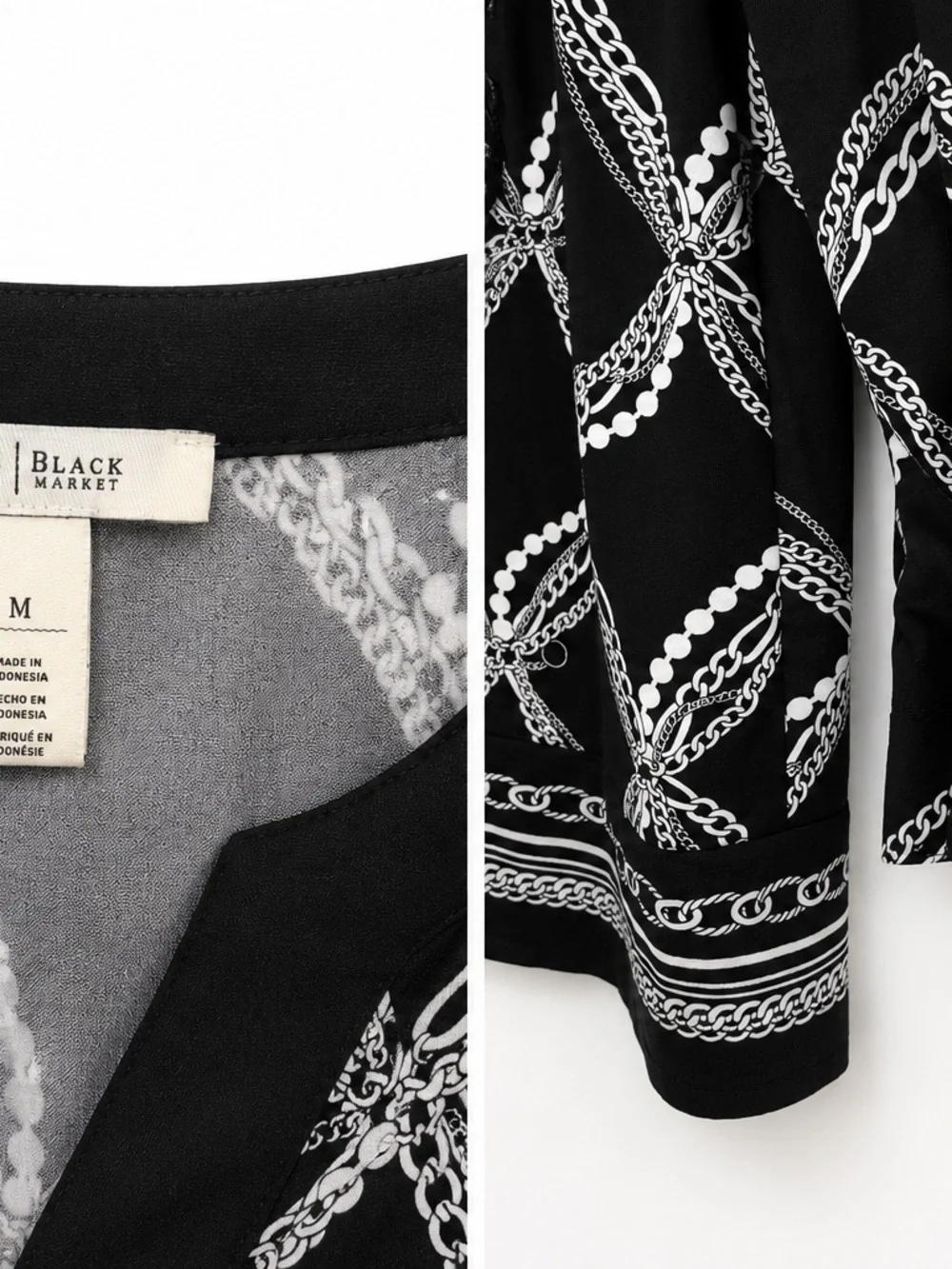 White House Black Market Black White Chain Print Tunic Top Size M Long Sleeve